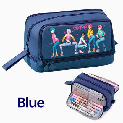 KPOP Pencil Case Student Storage Bag Stationery Large Space Storage 4 Compartment Pouch Double Side Opened