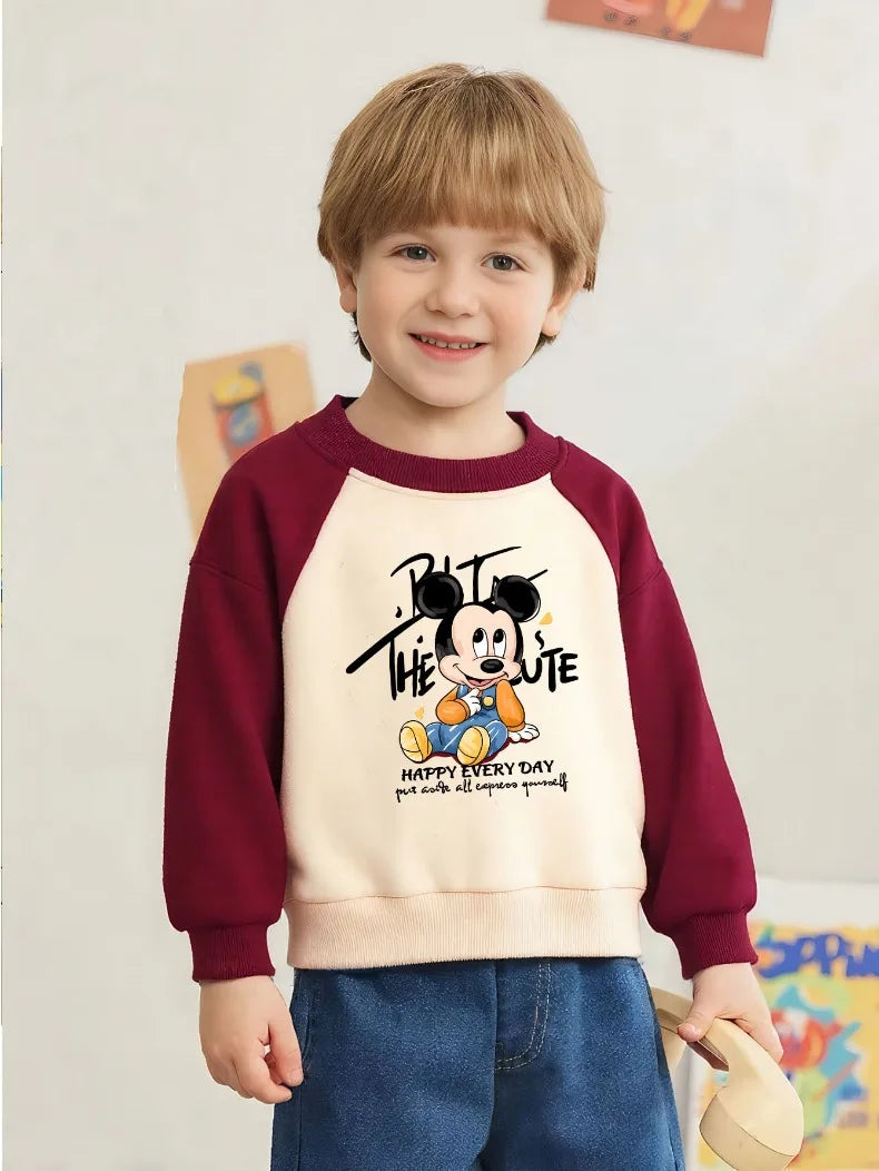 Mickey Printed Spring Autumn New Children Sweatshirts Kids Fashion O Neck Hoodies Baby Boys Spliced Long Sleeved Casual Pullover