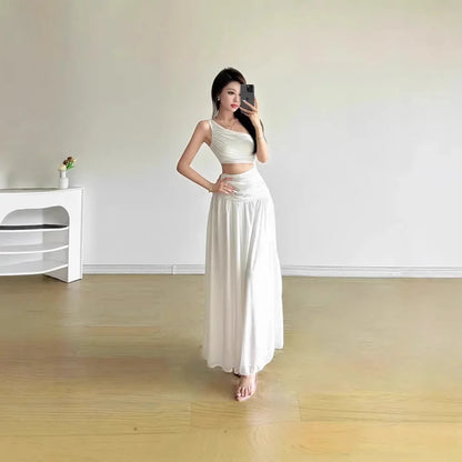 Original Quality French Style White Sleeveless Asymmetrical Shoulder Summer Long Dress Women's Holiday Feelings Skirt