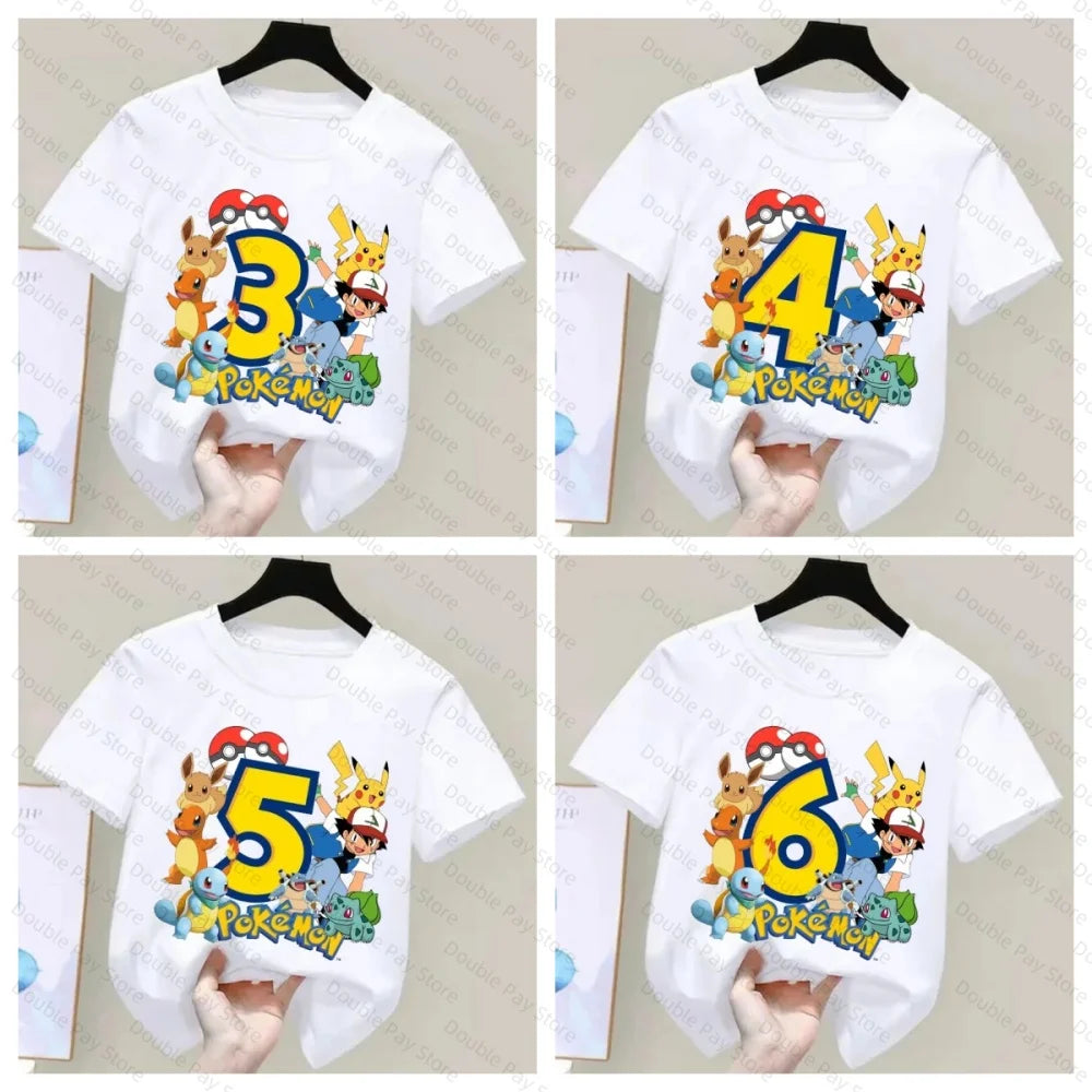 Pokemons Pikachu Kids T Shirts Birthday Number 3-8 Printed T Shirt Boys Girls Summer Casual Short Sleeves Tops Children Clothing
