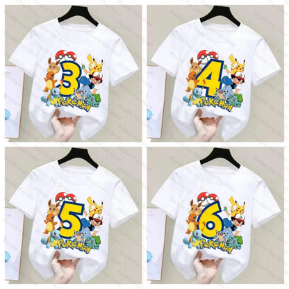 Pokemons Pikachu Kids T Shirts Birthday Number 3-8 Printed T Shirt Boys Girls Summer Casual Short Sleeves Tops Children Clothing