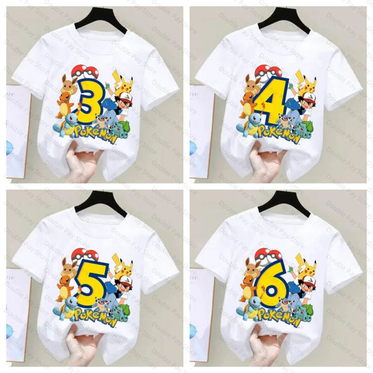 Pokemons Pikachu Kids T Shirts Birthday Number 3-8 Printed T Shirt Boys Girls Summer Casual Short Sleeves Tops Children Clothing