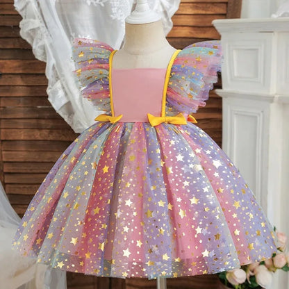 Girls' K-Pop HUNTRX "Holiday Star" Tutu Dress: Rainbow Tulle Gown with Gold Sequins & Ruffle Wings