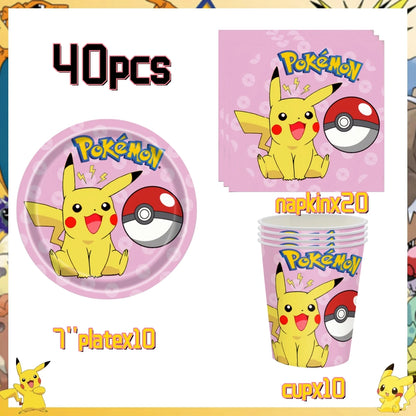 Pink Pokemon Birthday Party Decoration Disposable Tableware Set Pikachu Tablecloth Cup Plate Baby Shower Kids Diy Party Supplies