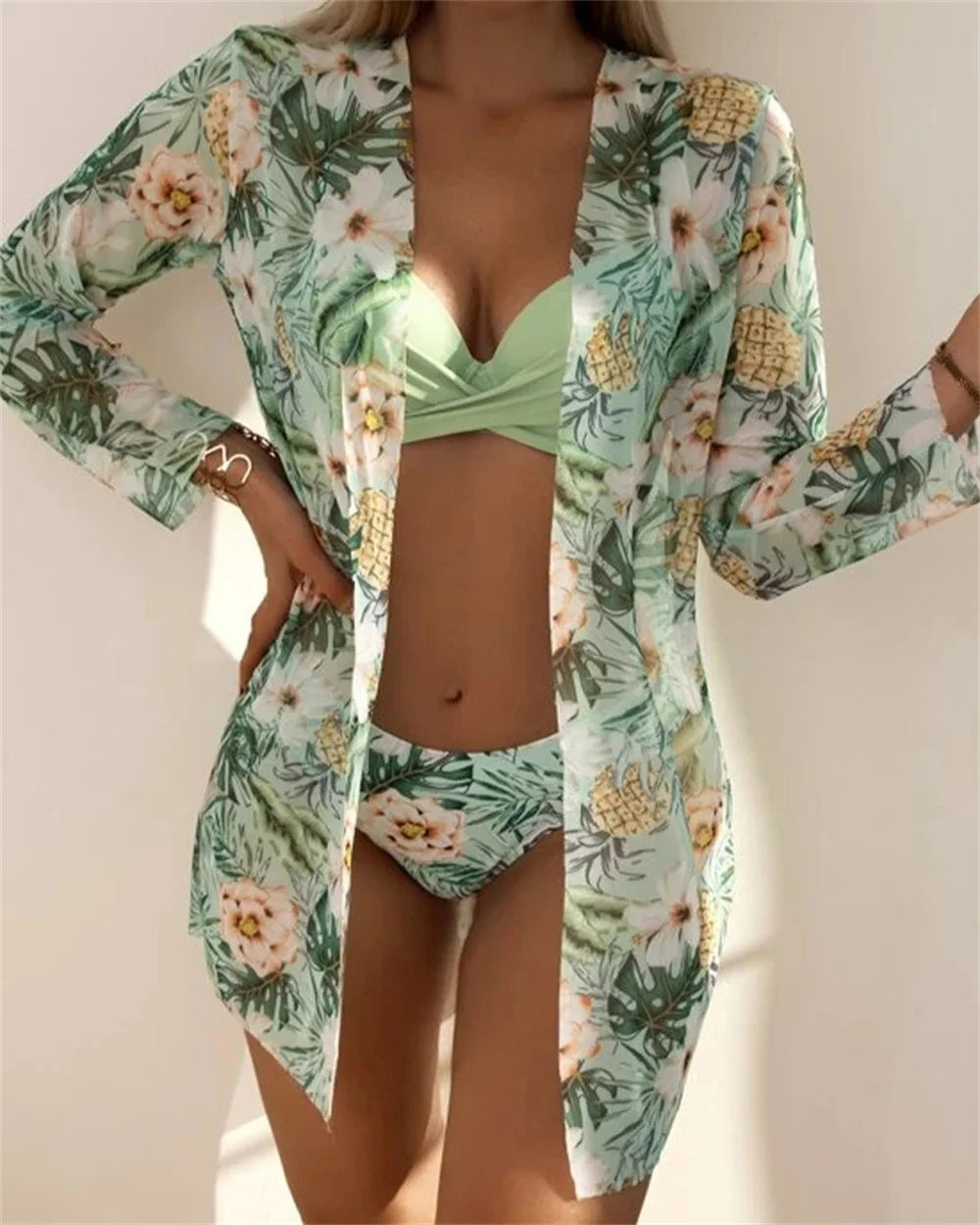 Three Pieces Bikini Set Cover Up Women 2023 New Push Up Twist Swimsuit Print Long Sleeve Swimwear Biquini Bathing Suit Summer
