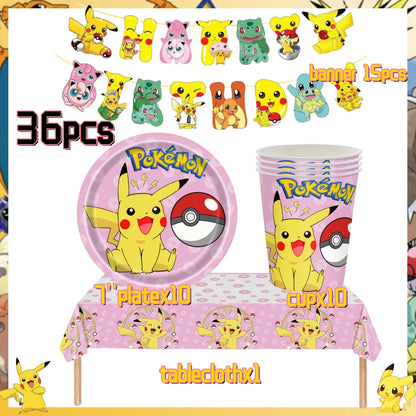 Pink Pokemon Birthday Party Decoration Disposable Tableware Set Pikachu Tablecloth Cup Plate Baby Shower Kids Diy Party Supplies