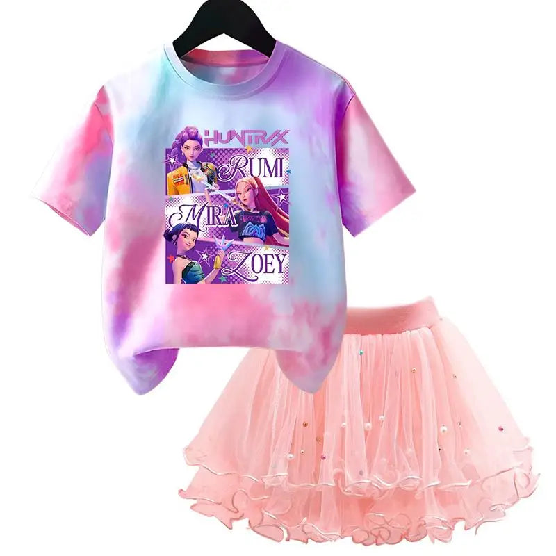 Girls' K-Pop HUNTRX Princess Set: Tie-Dye Graphic Tee & Pearl Tutu Skirt 2-Piece Outfit