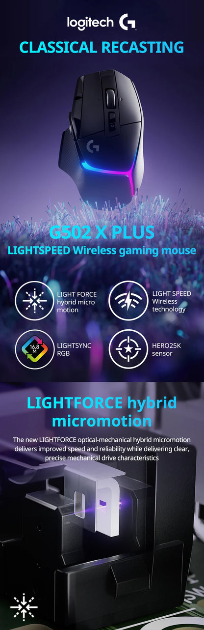 Logitech G502 X PLUS LIGHTSPEED Wireless Gaming Mouse, 25K Hero, 8K Polling, RGB Lighting, Programmable eSports Mouse