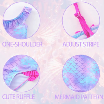 Girls' "Mermaid Heart" One-Piece Swimsuit: Colorful Scale Pattern with Asymmetric Ruffles
