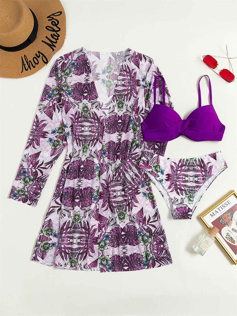 Three Pieces Bikini Set Cover Up Women 2023 New Push Up Twist Swimsuit Print Long Sleeve Swimwear Biquini Bathing Suit Summer