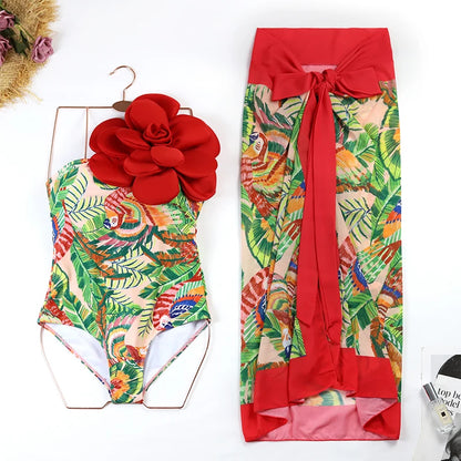 2024 Sexy Women's Swimsuit with Skirt One-Piece Swimwear Vintage Ruffle V Neck Cover Up Bikinis Set Beachwear Bathing Suit