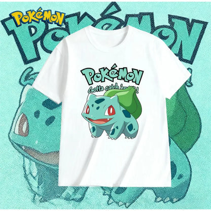 2025 Summer Poksammon Animation Brand 100% Cotton Bulbasaur Printed T-shirt for Men and Children Harajuku Casual Short Sleeve