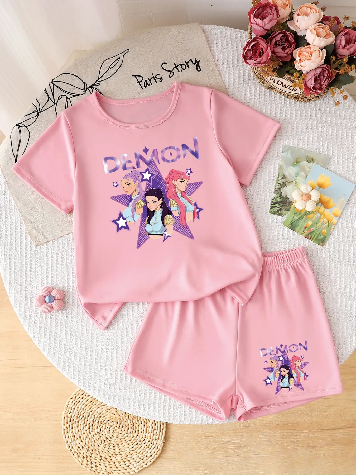 Kids Girls 2-Piece DEMON Idol Girl Print Short Sleeve Tee & Shorts Set Casual Summer Outfit