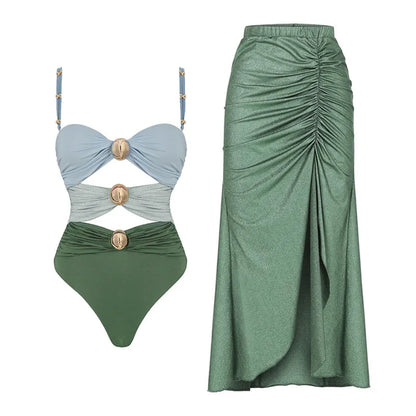 2024 Sexy Women's Swimsuit with Skirt One-Piece Swimwear Vintage Ruffle V Neck Cover Up Bikinis Set Beachwear Bathing Suit
