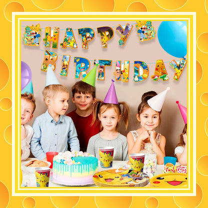 Pokemon Party Tableware,114 Pcs Pokemon Birthday Party Decorations- Pikachu Tablecloth Banner Plates etc Pokemon Party Supplies