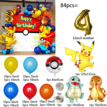 84pcs Pikachu Party Balloons Garland Arch Kit Pokemon Theme Birthday Party Decor Supplies Pikachu Squirtle Bulbasaur Pocket Ball