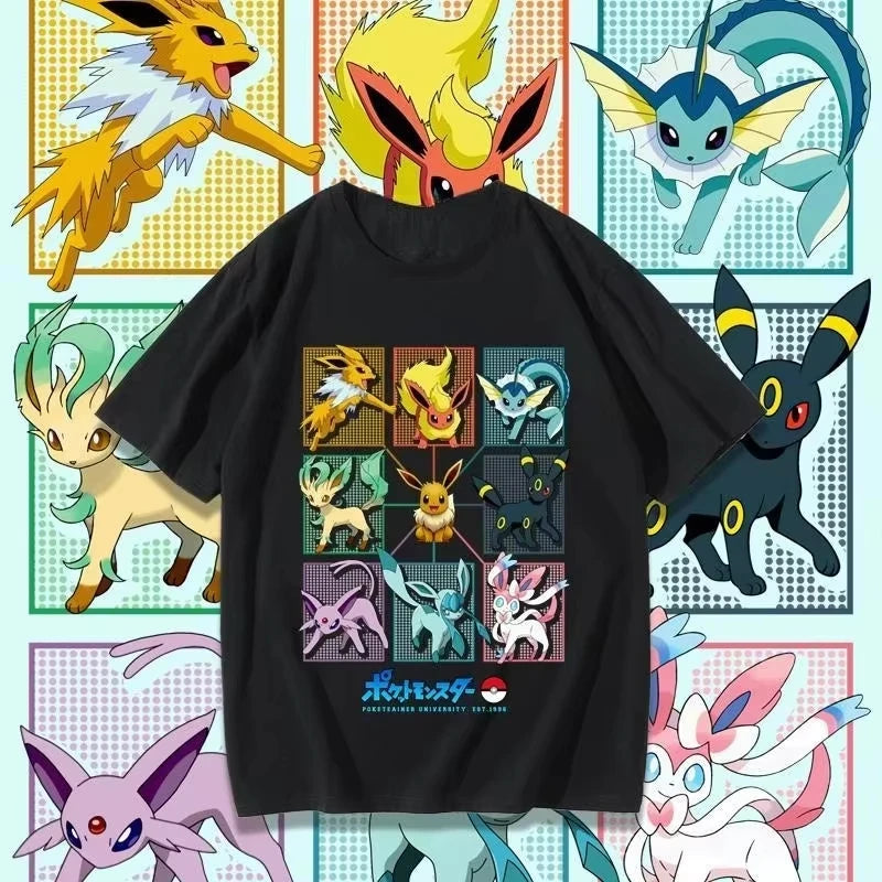 Pokémon Cartoon Eevee Cherry Blossom T-shirt Summer New Men and Women  Loose Fashionable Casual Harajuku Short Sleeved Top