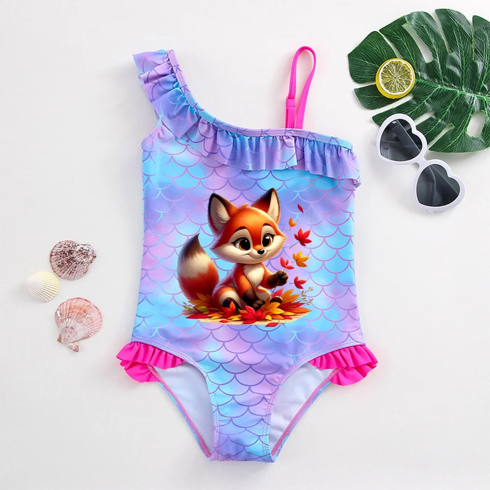 Girls' "Mermaid Heart" One-Piece Swimsuit: Colorful Scale Pattern with Asymmetric Ruffles