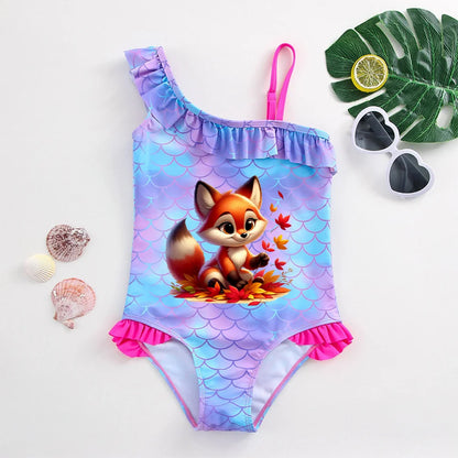 Girls' "Mermaid Heart" One-Piece Swimsuit: Colorful Scale Pattern with Asymmetric Ruffles