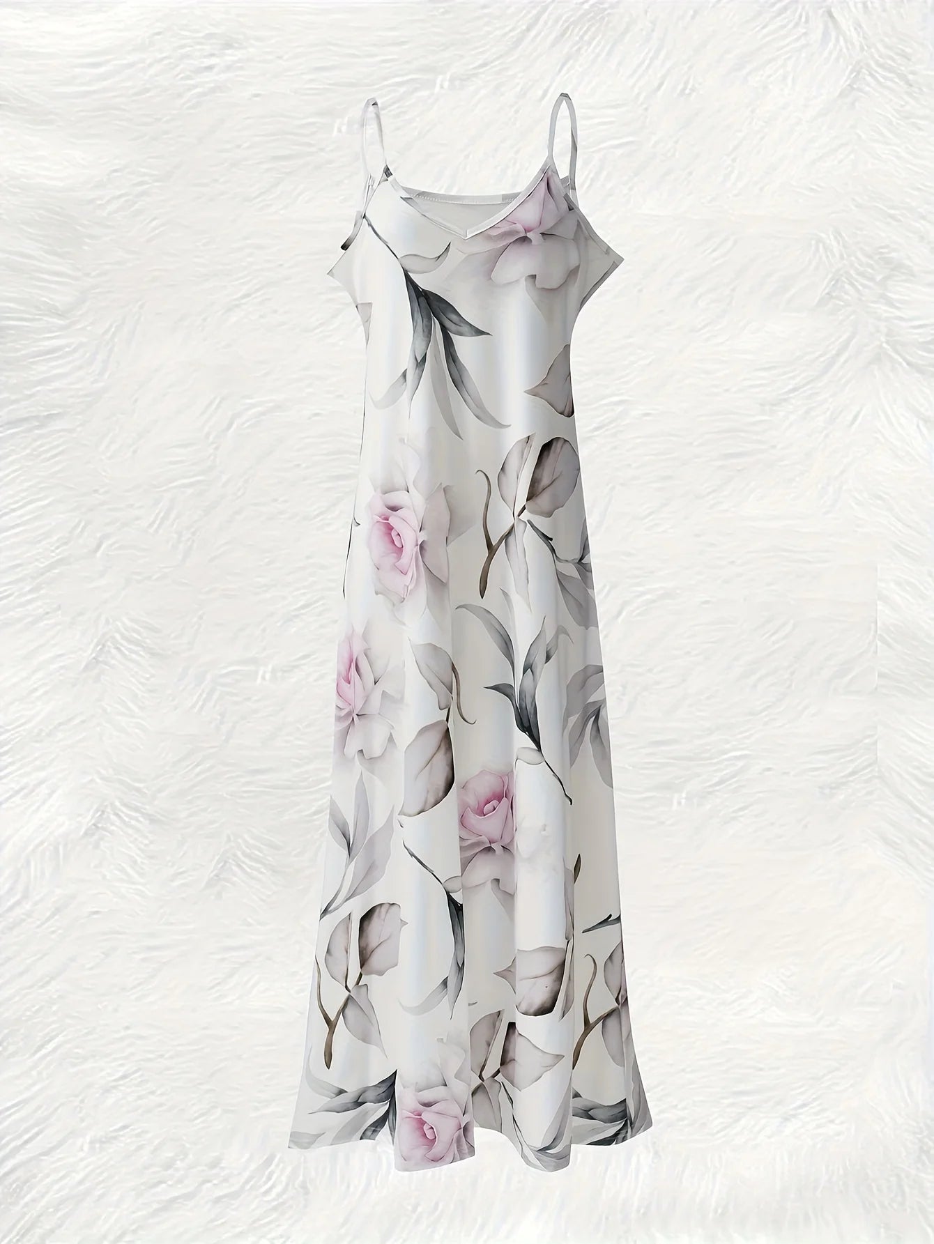 All-season Pink Roses And Leaves Pattern vacation style women's dress