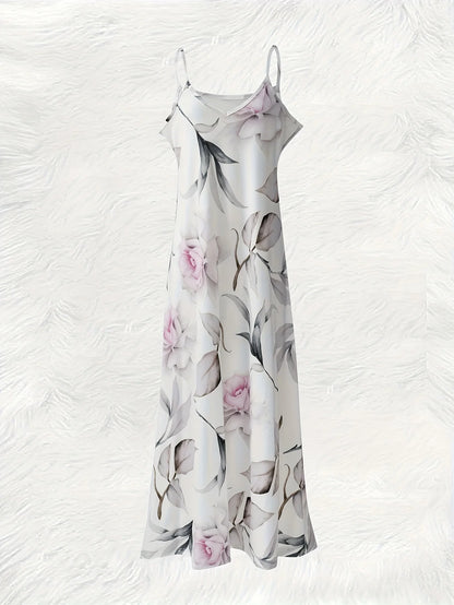 All-season Pink Roses And Leaves Pattern vacation style women's dress