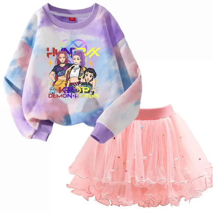 Girls' K-Pop HUNTRX Autumn Set: Pink Tie-Dye Sweatshirt & Pearl Tulle Princess Skirt