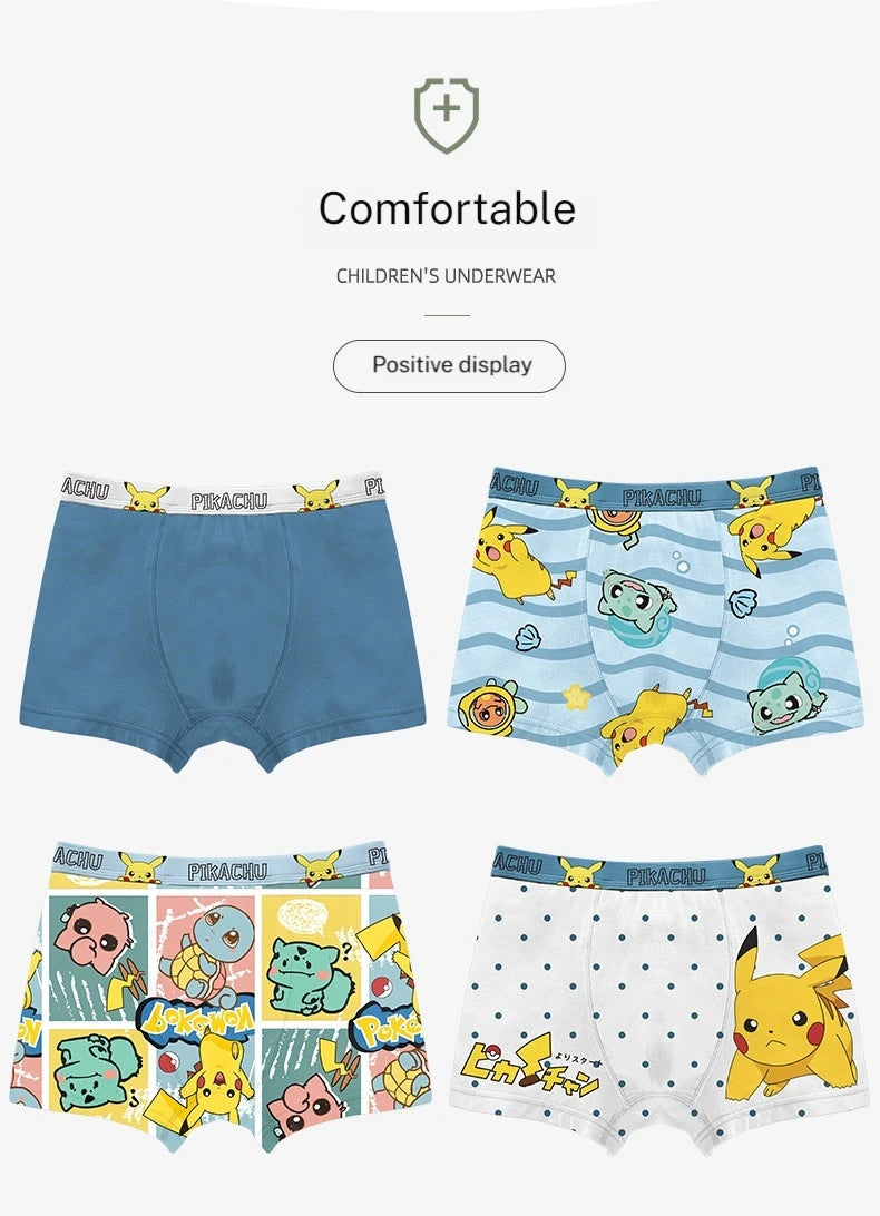4-Piece Set Pikachu Boys' Underwear Pure Cotton Children'S Flat Corner Pants Summer Thin Spring Cartoon Cute Shorts