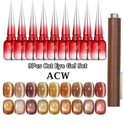 AS 9pcs Cat Eye Magnetic Moonlight Gel Nail Polish Set 15ml Sparkle White Silver Water Light Red UV Gel Nail Art Manicure Vernis
