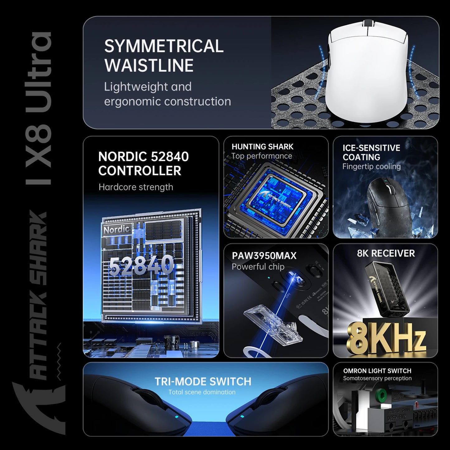 Attack Shark X8Ultra Gaming Mouse & Wireless 8K Receiver,Bluetooth Wireless Connection,PAW3950MAX Sensor,42000DPI,Type-C