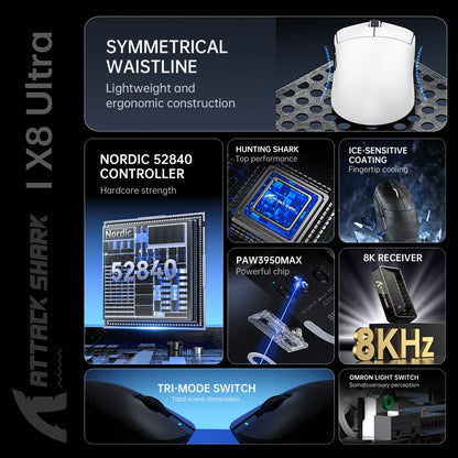 Attack Shark X8Ultra Gaming Mouse & Wireless 8K Receiver,Bluetooth Wireless Connection,PAW3950MAX Sensor,42000DPI,Type-C