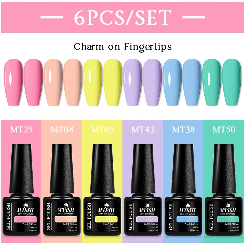 MTSSII 6Pcs/Set Colorful Gel Nail Polish Set for Nails Semi Permanent UV Gel LED Nail Art Varnish Kit for Manicure Nail Supplies