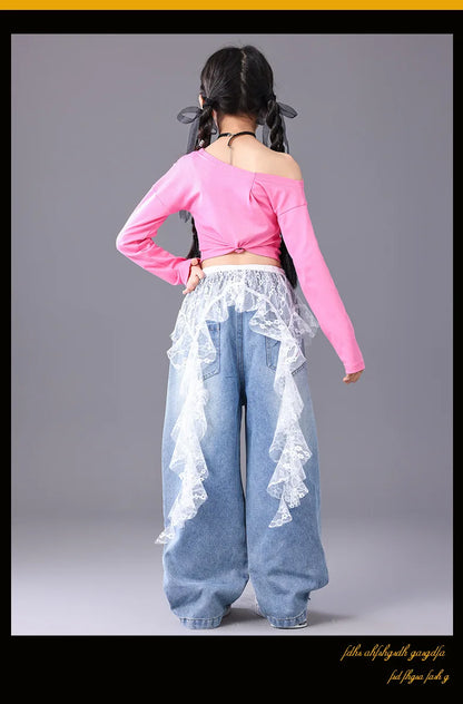 Girls Hip Hop Off Shoulder Crop Top ‌Street Dance Skirts Cargo Pants Children Streetwear Jeans Kids K-pop Girl Group Clothes Set