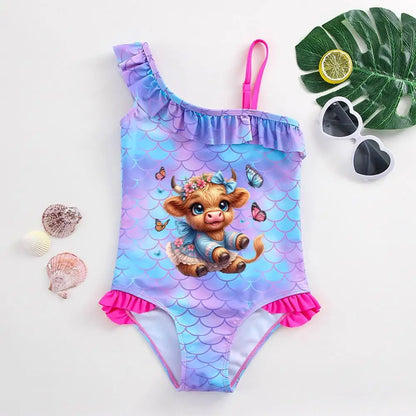 Girls' "Mermaid Heart" One-Piece Swimsuit: Colorful Scale Pattern with Asymmetric Ruffles