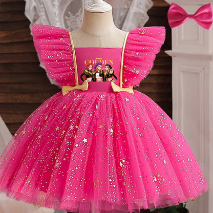 K-Pop Hunters Zoey Rumi Girl Fall Party Dress Birthday Holiday High Waist Tulle Dress Bow Wedding Gown Kids Wear Princess Dress