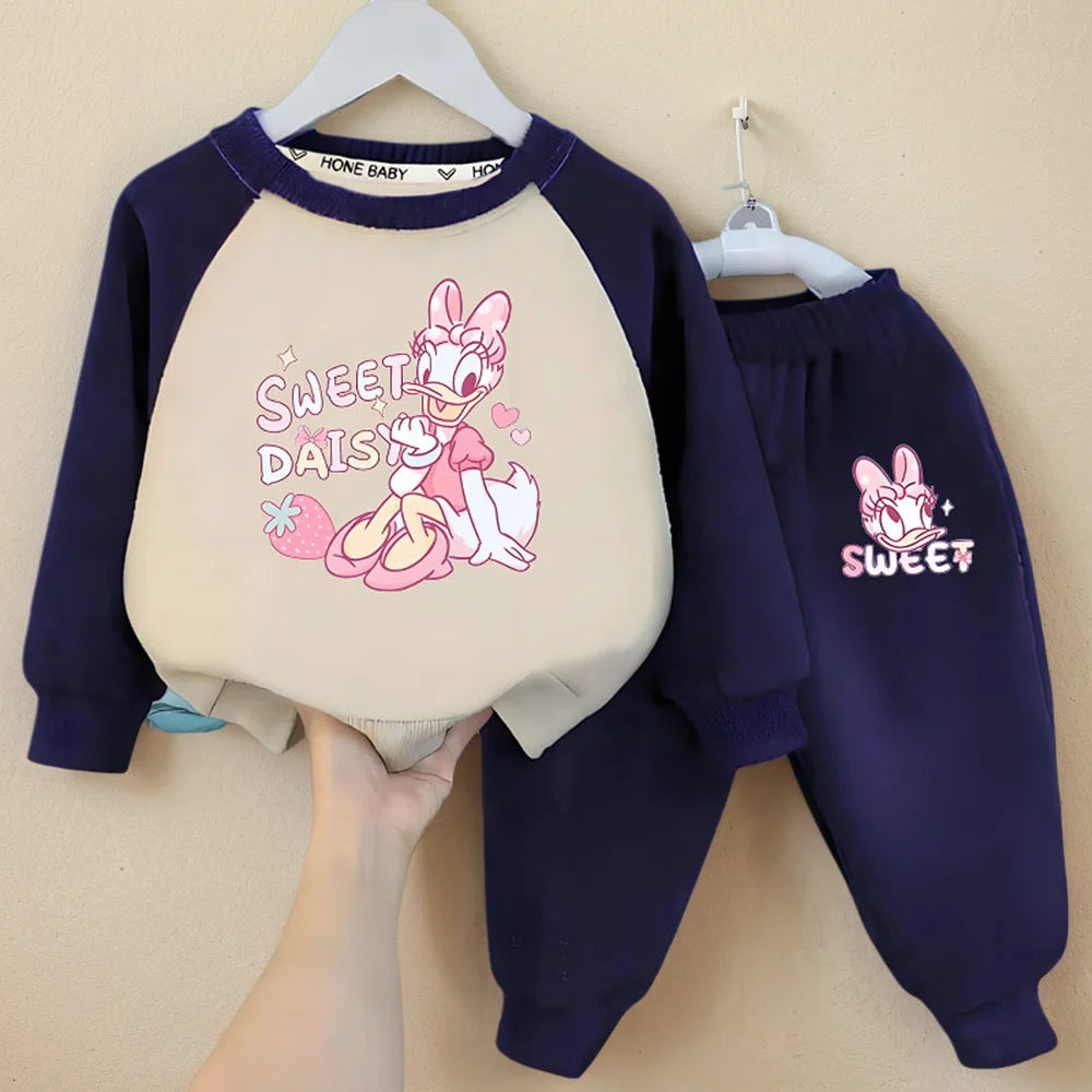 DISNEY DAISY DUCK Printed Spliced Long Sleeved Hoodies Sets for Girls 0-8years Spring Fall Kids Sweatpant Two Pieces Tracksuit