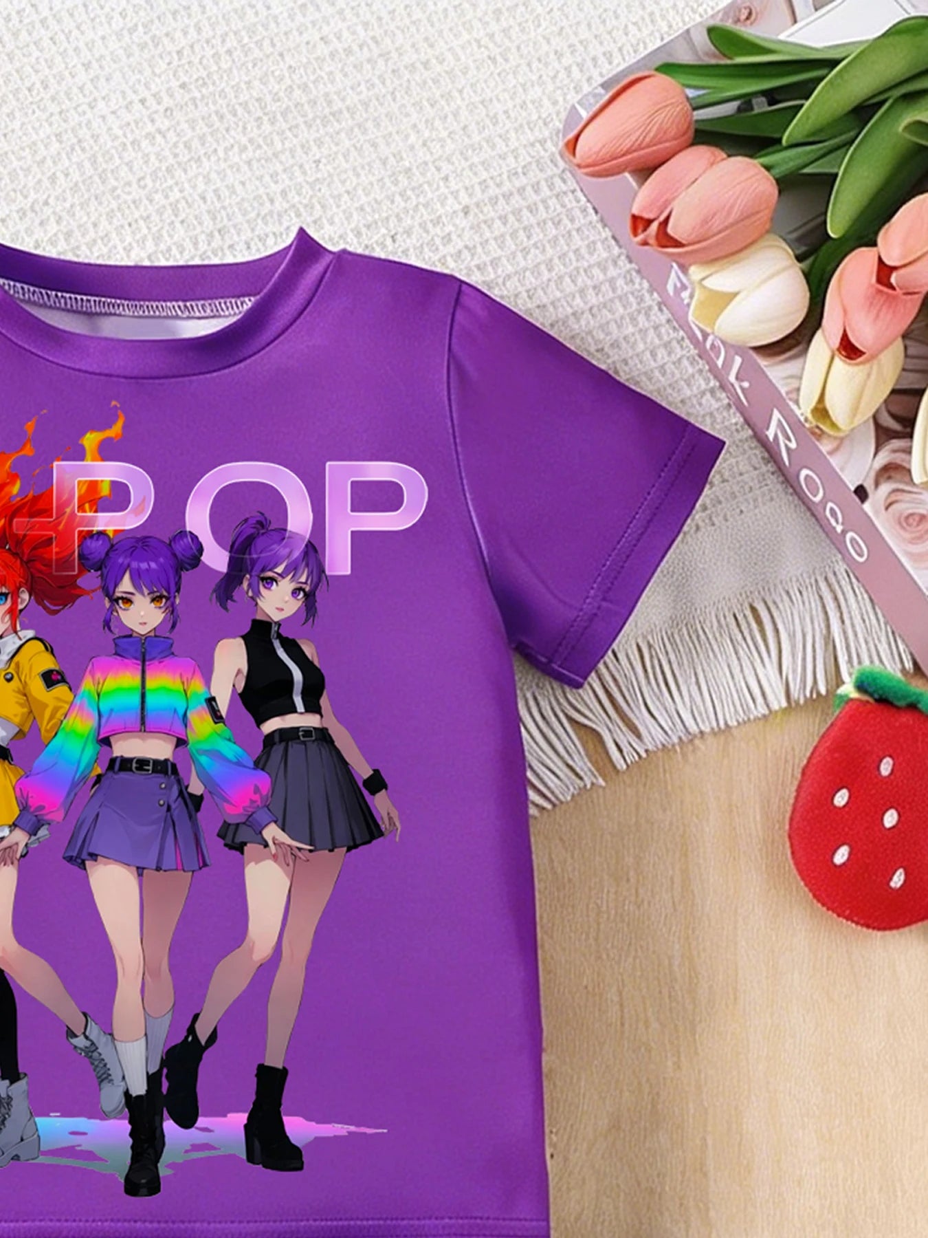 Girls' K-Pop Anime Star 2-Piece Set: Purple Graphic Tee & Ruffle Denim-Style Shorts