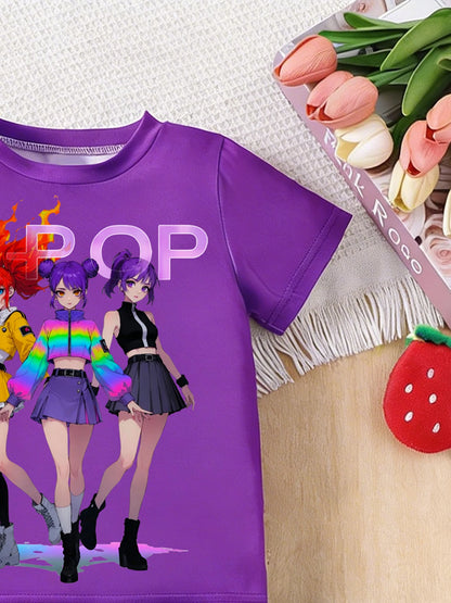 Girls' K-Pop Anime Star 2-Piece Set: Purple Graphic Tee & Ruffle Denim-Style Shorts