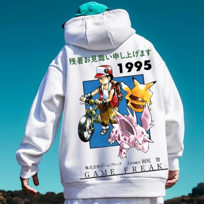 2025 Pikachu Ash 1995 Printed Oversized 4xl Pok É Mon Men's and Women's Autumn and Winter Fleece Y2K Halloween Hooded Sweatshirt