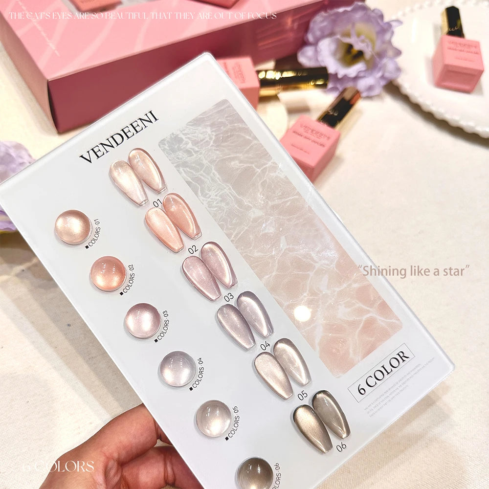 Vendeeni 6 Colors Crystal Cat Eye Gel Nail Polish Set Semi Permanent Sparkling Magnetic UV LED Soak Off Gel Varnish With Display