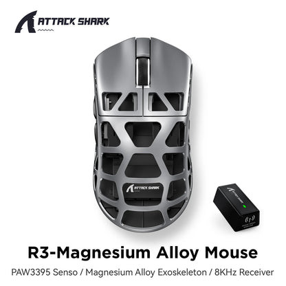 ATTACK SHARK R3 Gaming Mouse Magnesium Alloy Honeycomb,Ultra-Lightweight 8K Hz, PAW3395 Sensor, 26000 DPI, Ergonomic Shel