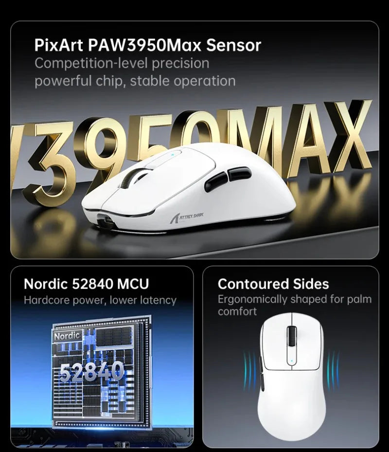 ATTACK SHARK V5 Wireless Gaming Mouse 3-Mode Ultra-Lightweight PAW3950MAX 8KHz Polling Rate For PC Gamer Accessories Gift