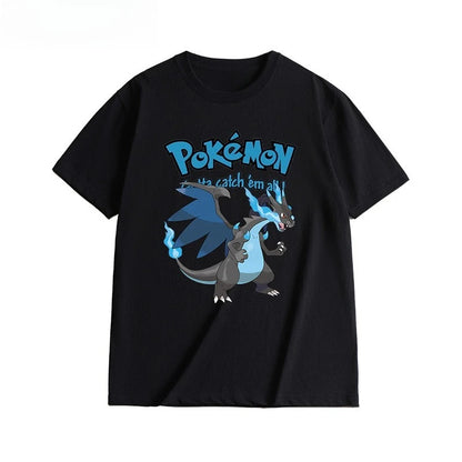2025 Summer Poksammon Animation Brand 100% Cotton Bulbasaur Printed T-shirt for Men and Children Harajuku Casual Short Sleeve
