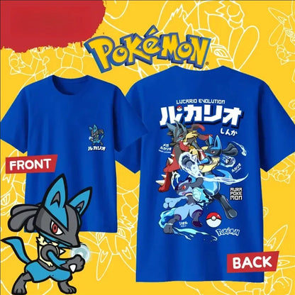 2025 Summer Pokémon Anime LUCARIO 100% Pure Cotton Printed T-shirt Men Harajuku Loose Casual Versatile Short-sleeved Loose Y2k