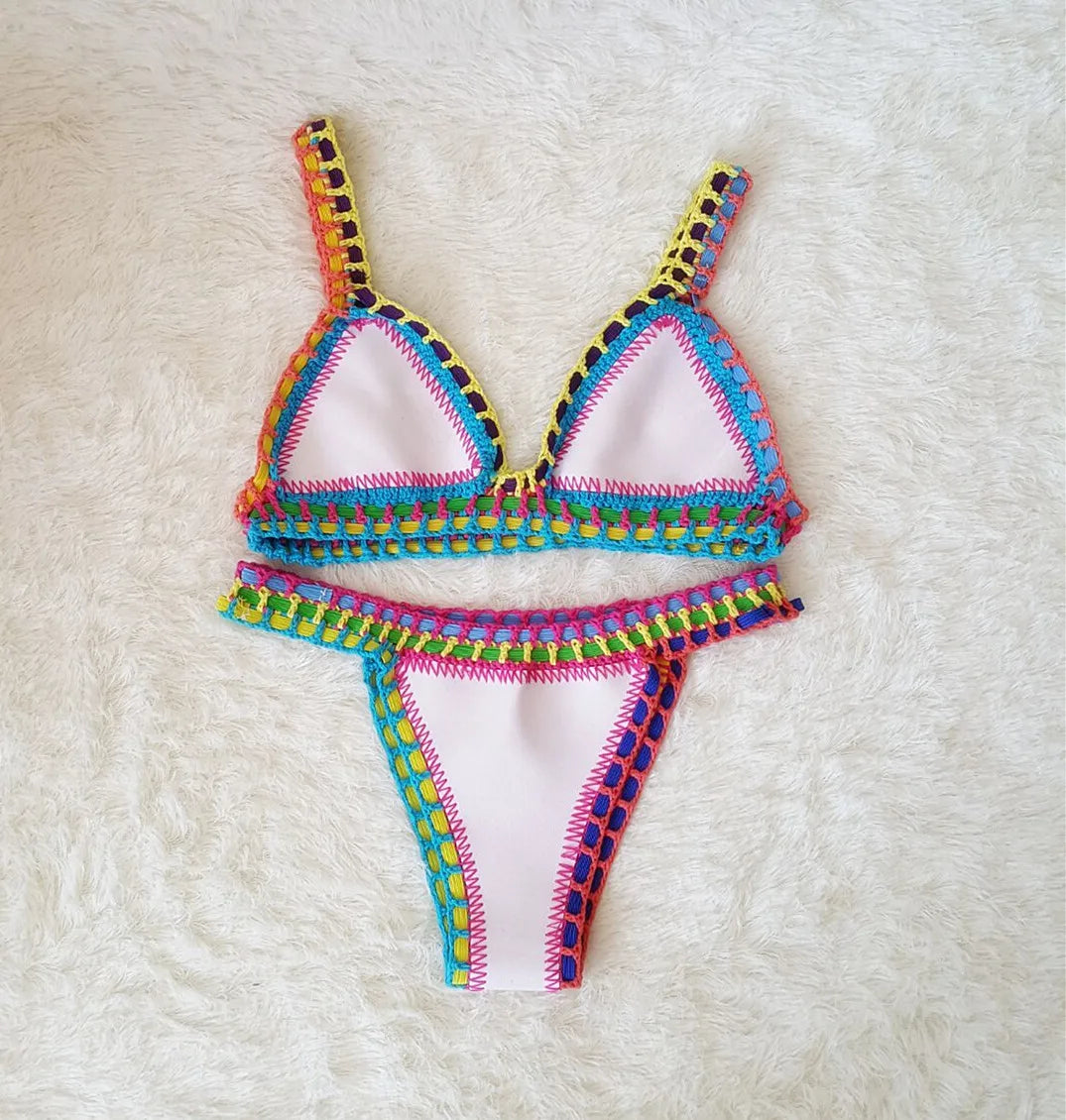 Bikini Crochet 2025 Handmade Knit Patchwork Reversible 2 Piece Swimsuit Women Halter Top Brazilian Bathing Suit Thong Swimwear