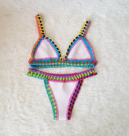 Bikini Crochet 2025 Handmade Knit Patchwork Reversible 2 Piece Swimsuit Women Halter Top Brazilian Bathing Suit Thong Swimwear