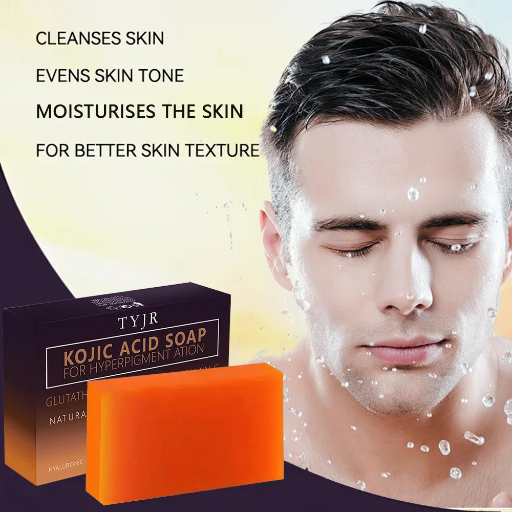 Tyjr Kojic Acid Soap with a man's face showing cleansed skin, text highlighting benefits, and soap packaging.