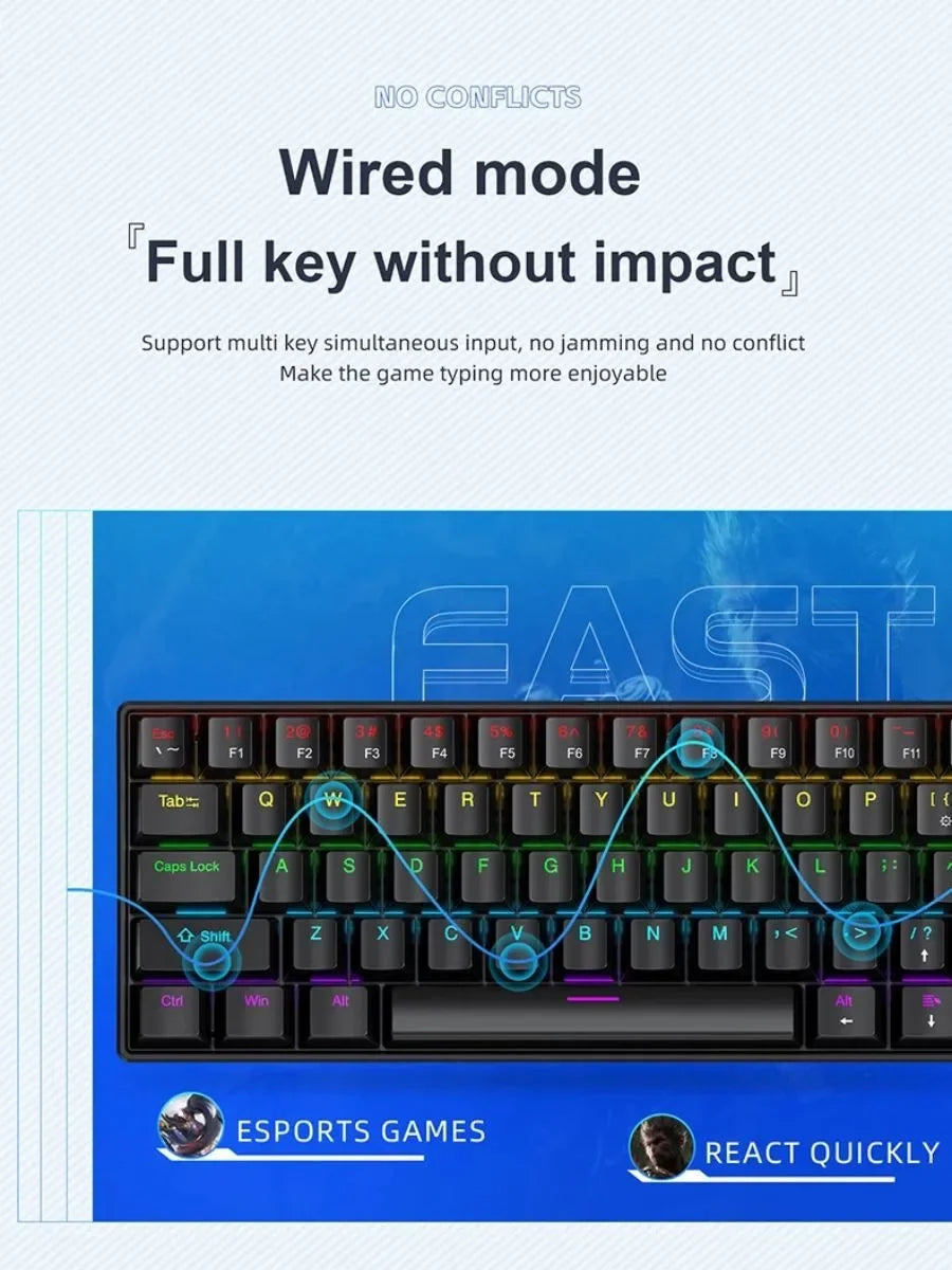 APAYADO K61 Wired Mechanical Keyboard - 60% Compact (61 Keys), RGB Backlit, Portable Design, Phantom Switches, for Gaming