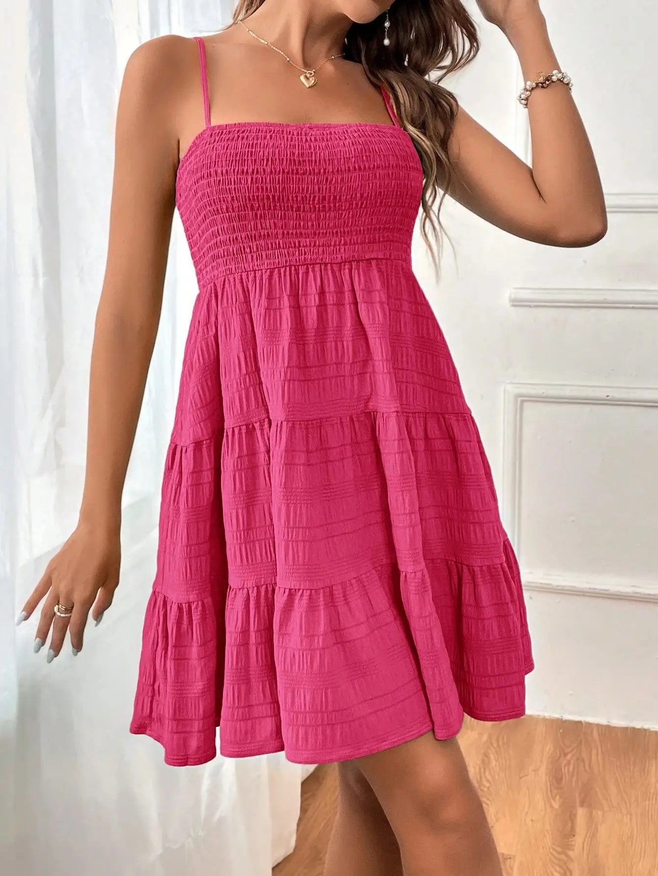 Women's Fashion Spaghetti Strap Smocked Bustier Mini Dress Blue Ruffled Tiered Swing Dress Summer Casual Vacation Beach Wear