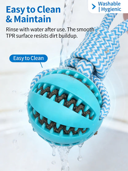 2-in-1 Dog Chew Toy with Treat Dispenser Durable Cotton Rope Natural Rubber Ball for Small Medium Dogs Teeth Cleaning