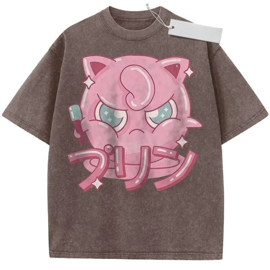 T Shirt Sports T Shirt Short Sleeve T Shirt Rose Red Unisex Pure Cotton Washed Vintage Pokemon Jigglypuff Anime Print
